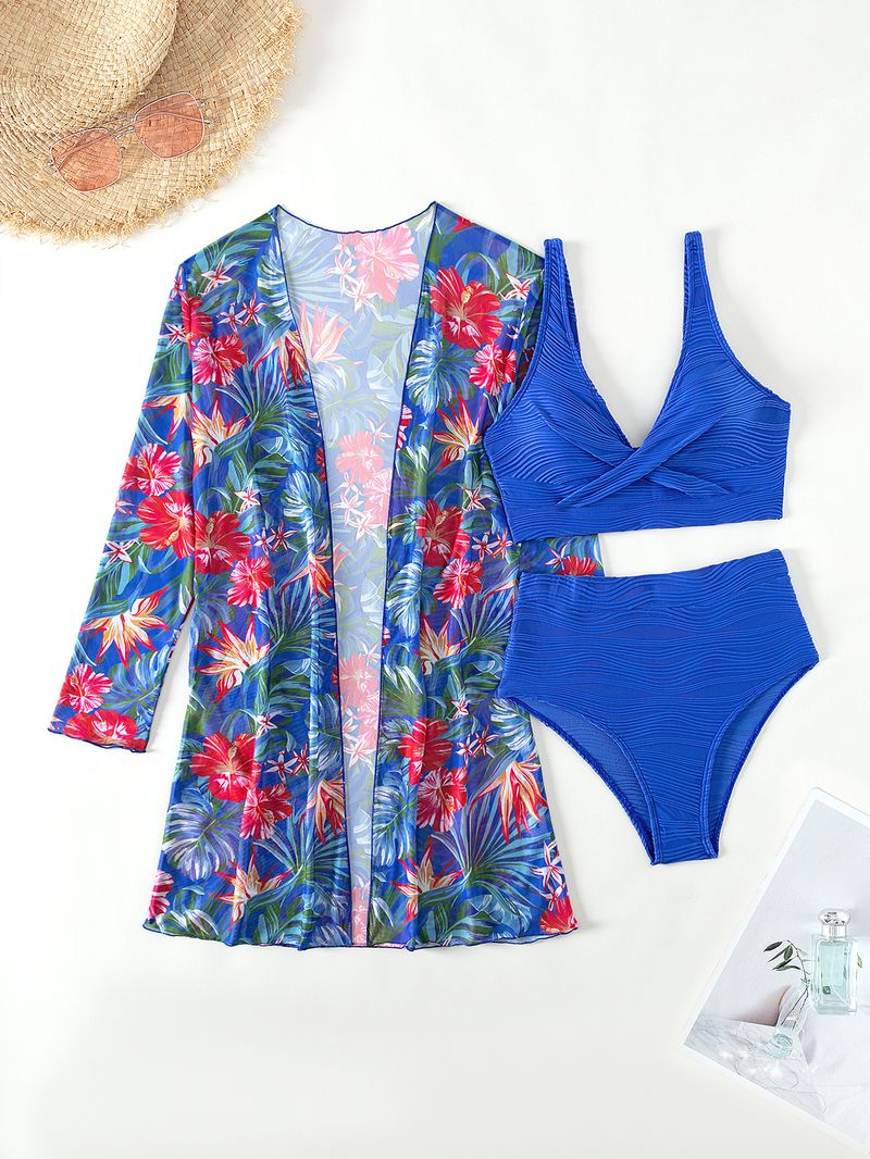 costume da bagno in tre pezzi diviso da donna a maniche lunghe bikini celebrità di Internet a vita alta tinta unita_voghion.com