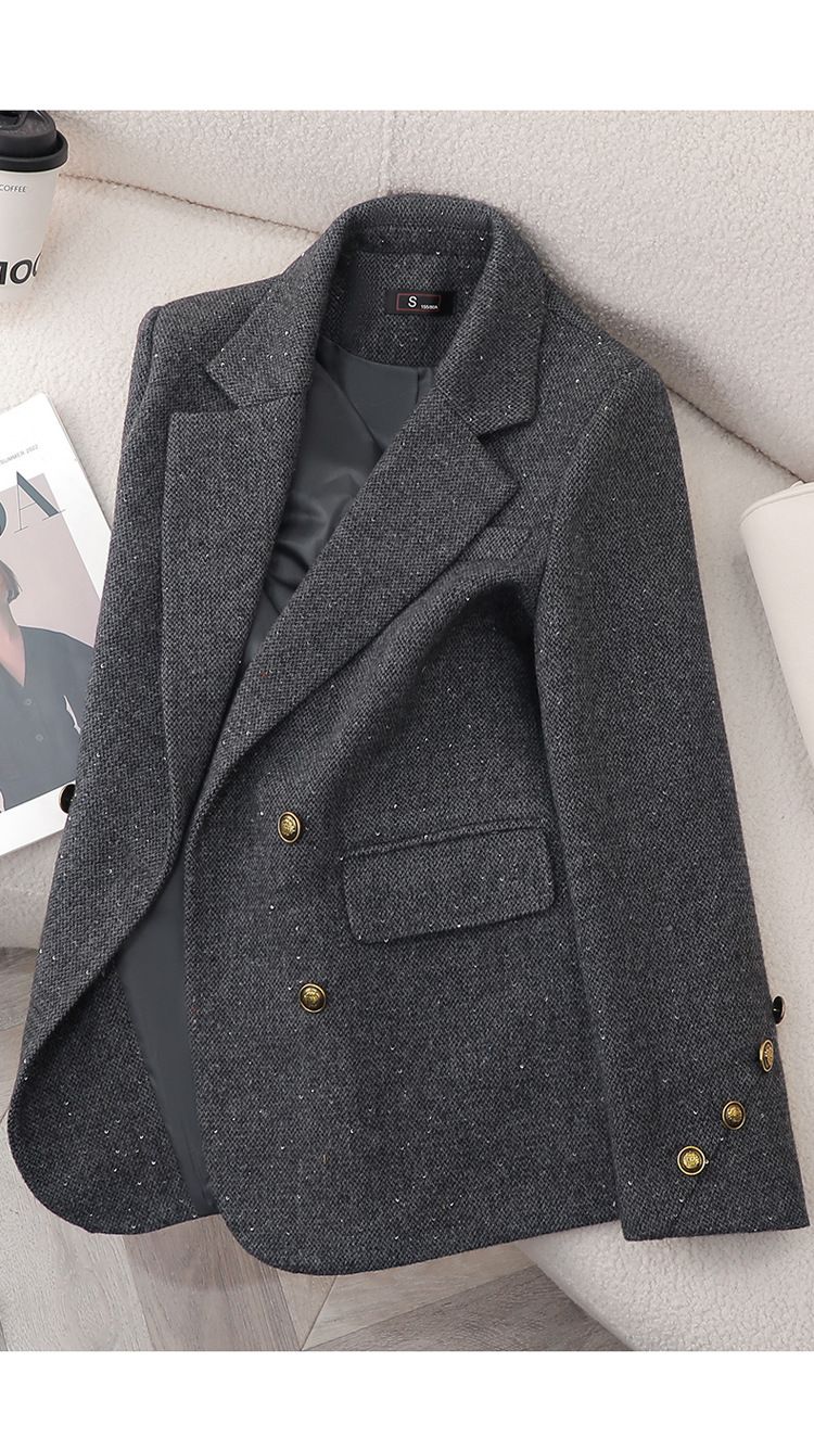 Blazer da donna in tweed misto lana per autunno inverno - Giacca da ufficio doppiopetto slim fit con revers a lancia (nero, marrone, rosso, grigio)_voghion.com