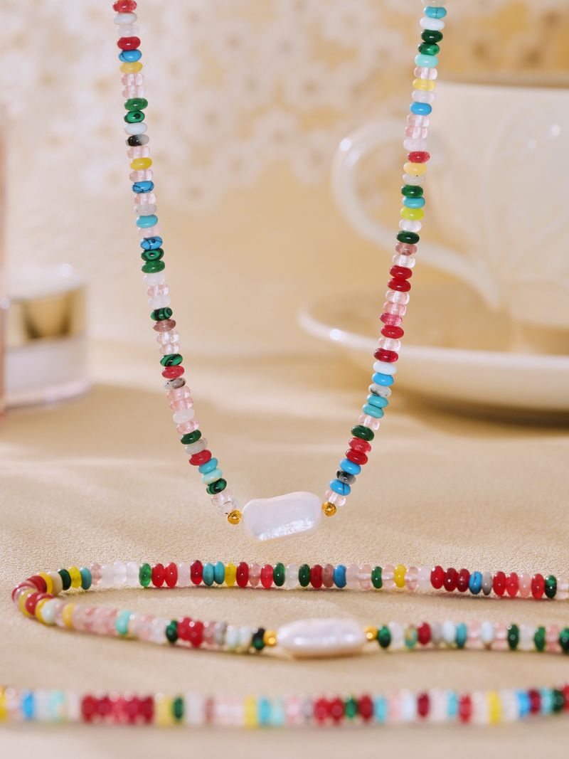 Collier de perles bohème mystérieux avec perles baroques et pierres naturelles, bijoux géométriques faits à la main Collier de clavicule en perles fait à la main_voghion.com