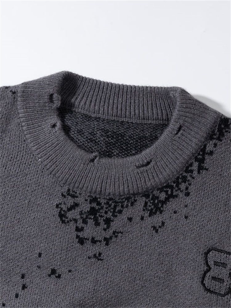 Men's Retro 3D Letter Print Sweater - Oversized Crewneck Knit Top, Soft Viscose Blend, Unisex Streetwear (Gray)_voghion.com