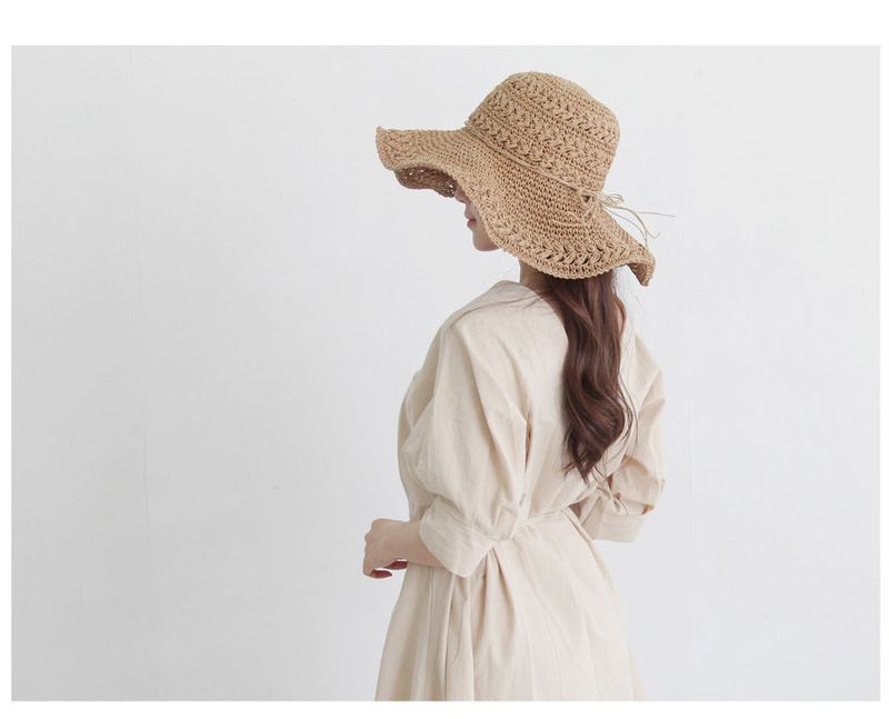 for Women Summer Beach Straw Handmade Hollow Wide Brim Artistic Fresh Outdoor Foldable Sun Hat_voghion.com