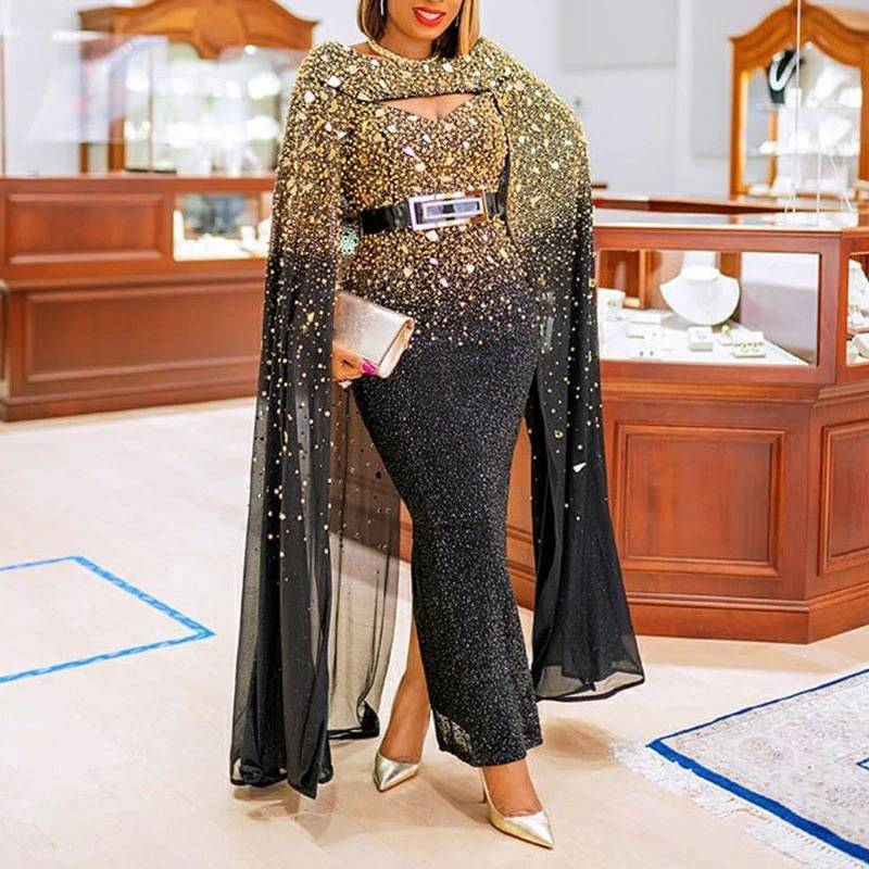 Damenbekleidung Herbst und Winter Dunhuang Gold bestreut Sexy Cape Großes Swingkleid_voghion.com