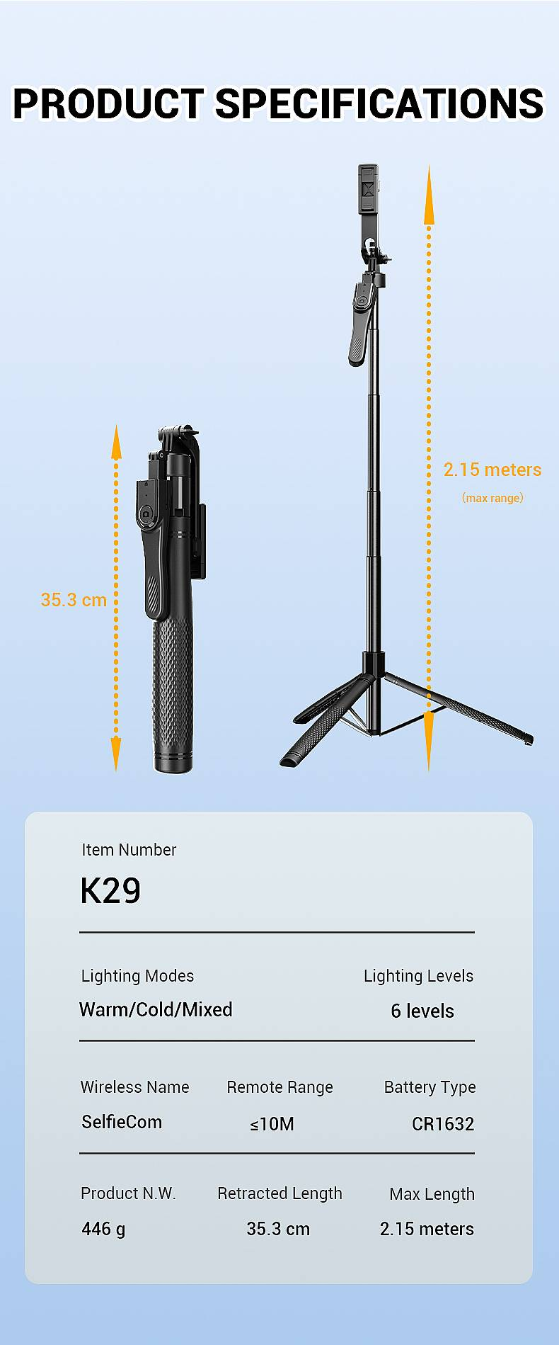 SelfieCom Selfie Stick K29 (2.15M+Bluetooth Remote Control+aluminum Alloy Tube+metal Keel Bracket)_voghion.com