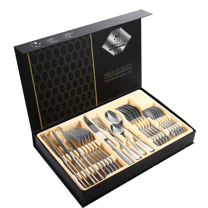 Juego de cubiertos de acero inoxidable 1010 de 24 piezas: cuchillos para carne, tenedores y cucharas (colección de cubiertos en caja de regalo)_voghion.com