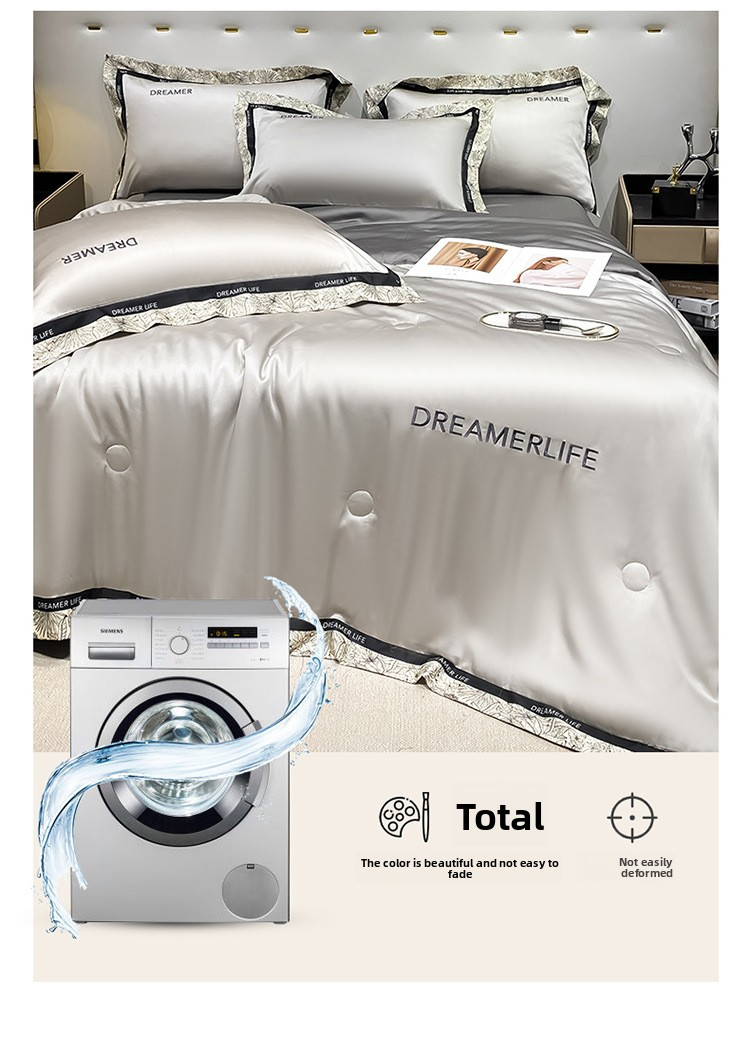 Set di piumoni estivi di lusso in tencel lavato - Biancheria da letto in seta ghiacciata di alta qualità, 4 pezzi, per letto singolo/matrimoniale (lavabile in lavatrice)_voghion.com