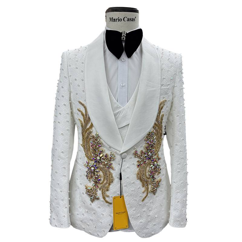 Conjunto de terno masculino de 3 peças | Terno slim fit para casamento e negócios | Tecido de acetato respirável | Traje formal branco (jaqueta + calça + colete) | XS-XXXG_voghion.com