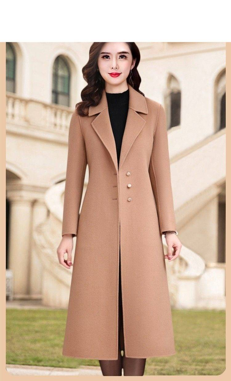 Knielanger Trenchcoat aus Wollmischung mit Gürtel für Damen – Eleganter, lässiger Büromantel in Unifarben (Khaki, Burgunderrot, Kaffeebraun, Karamell)_voghion.com