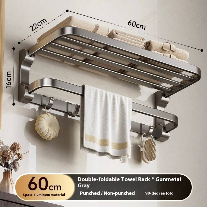 No Drill Space Aluminum Bathroom Towel Rack Set, Foldable Wall Mounted Modern Bathroom Organizer With Rust-Resistant Coating_voghion.com