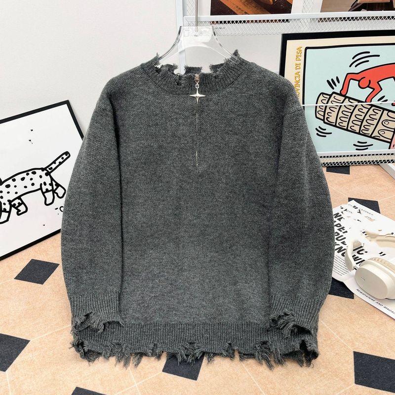 Maglione da uomo in maglia effetto consumato con mezza zip – Pullover streetwear oversize con orlo grezzo_voghion.com