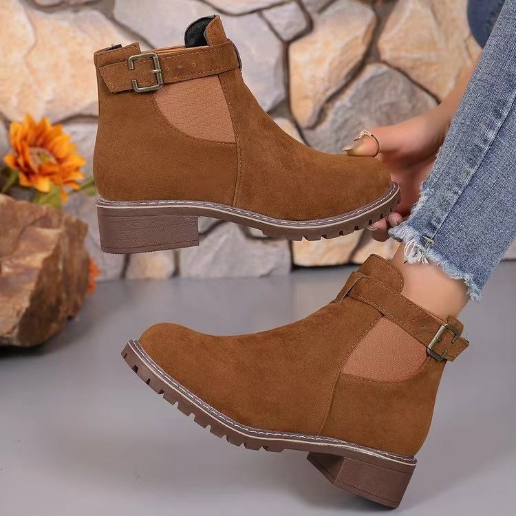 Damen-Martin-Stiefel im neuen Stil im Herbst und Winter, mit elastischem Riemen und Gürtelschnalle, runder Zehenpartie, quadratischem Absatz, Stiefeln bis zur Mitte der Wade, Damenschuhe_voghion.com