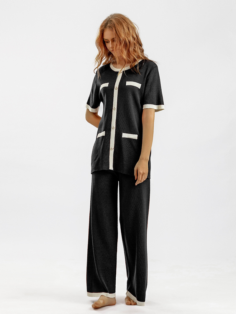 Roupas femininas terno feminino gola redonda botão contraste cor manga curta top cintura alta all-match calças de malha de perna larga conjunto de duas peças_voghion.com