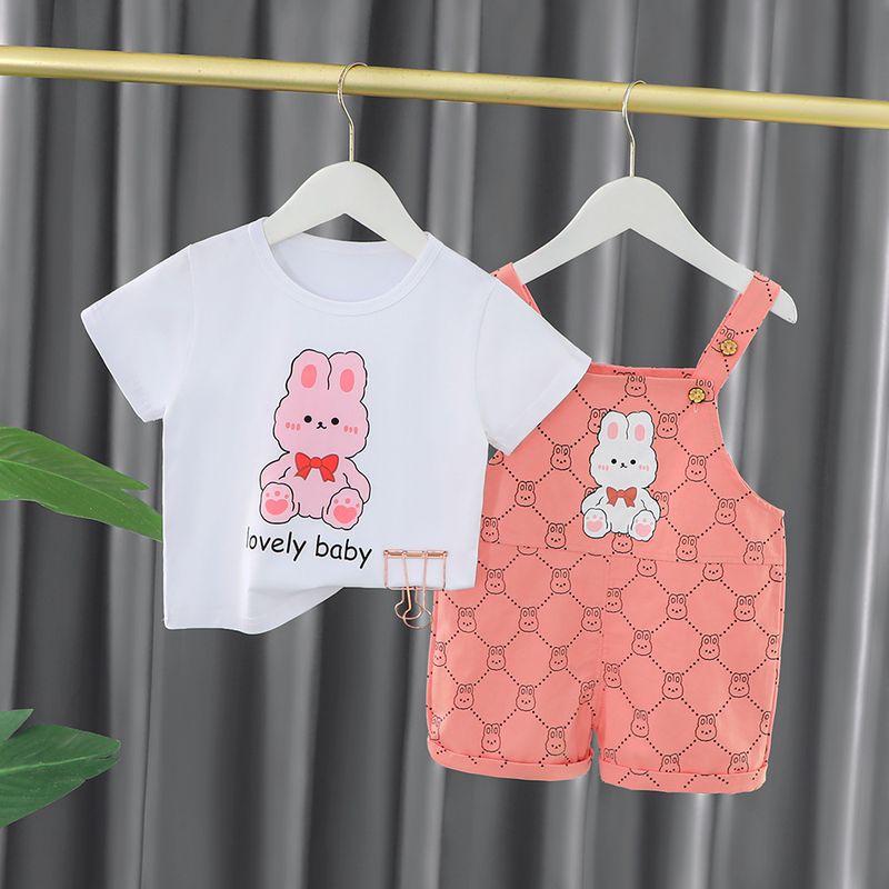 Pantaloni con cinturino da coniglio carini per bambine e set da due pezzi a maniche corte alla moda per bambini, abito estivo per bambina di un anno_voghion.com