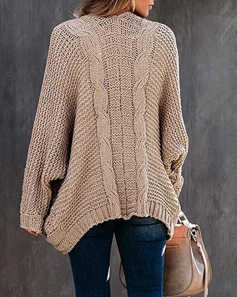 Grober Zopfmuster-Cardigan – Übergroßer Pullovermantel mit Fledermausärmeln für Damen, weiches Garn aus Acrylmischung, langer V-Ausschnitt, offene Vorderseite, lässiger Pullover_voghion.com