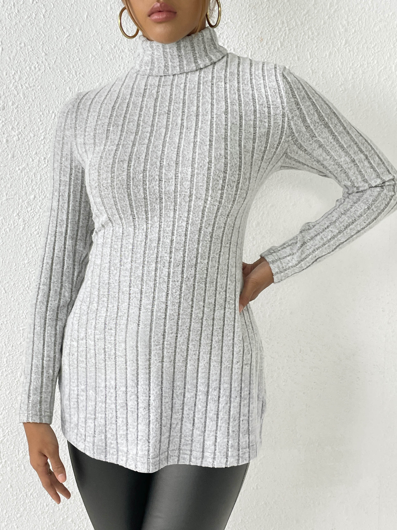 Women's turtleneck pullover slit slim-fit base pit striped medium length_voghion.com