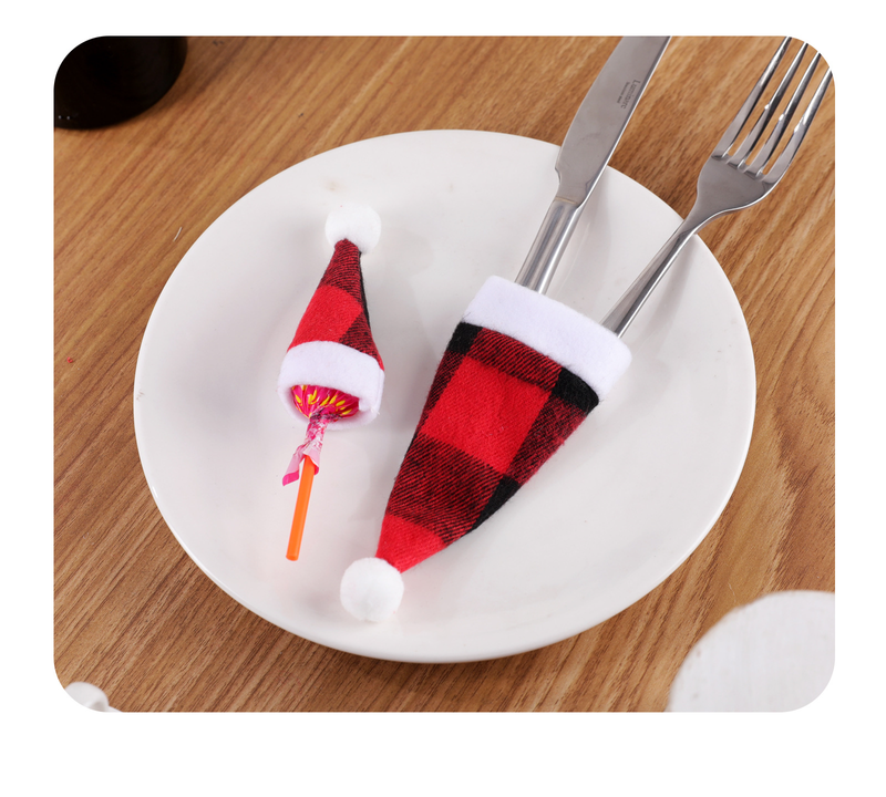 Weihnachtsdekoration Weihnachtsmannmütze Rot und schwarz karierte Stoffmütze Mini-Weihnachtsmannmütze Messer und Gabel Weihnachtsweinflaschenhülle_voghion.com