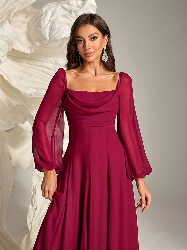 Vestido de noite feminino em chiffon bordô com mangas lanterna, elegante vestido de festa em corte A com cintura alta para banquetes e ocasiões formais_voghion.com