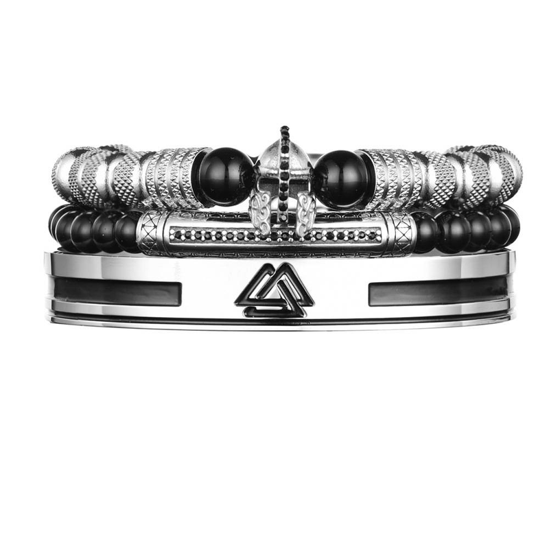 Ensemble de bracelets Viking Warrior pour homme - Bijoux manchette en acier inoxydable avec casque nordique et runes - Collection de bracelets Punk Armor (ensemble de 3 pièces) Casque de guerrier romain_voghion.com
