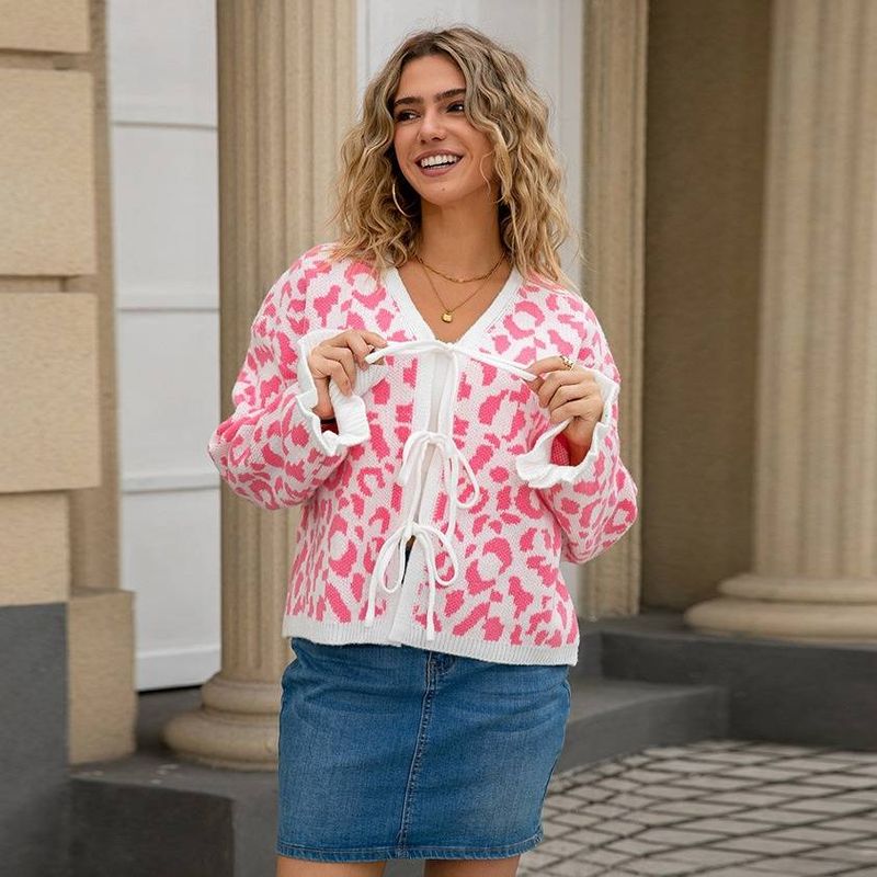 Häkel-Cardigan mit Leopardenmuster und Bindeband vorne – Kurzes ärmelloses Strickoberteil für Damen (S–XL, 4 Farben, Polyestermischung, Boho-Chic-Winterkleidung)_voghion.com