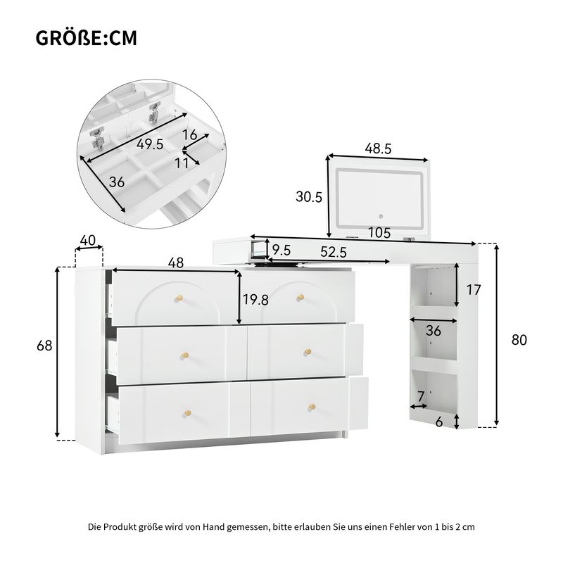 Drehbarer Schminktisch mit LED-Beleuchtung,Frisiertisch,Bürotisch,weiß,105×40×80cm_voghion.com