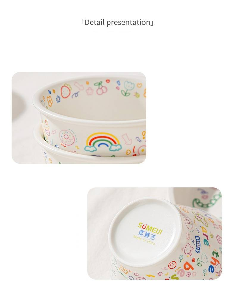 Japanese-Style Cartoon Ceramic Dinner Plate Set With Spoon - 8 Inch Hand-Painted Doodle Design, Microwave Safe, Elegant Tableware_voghion.com