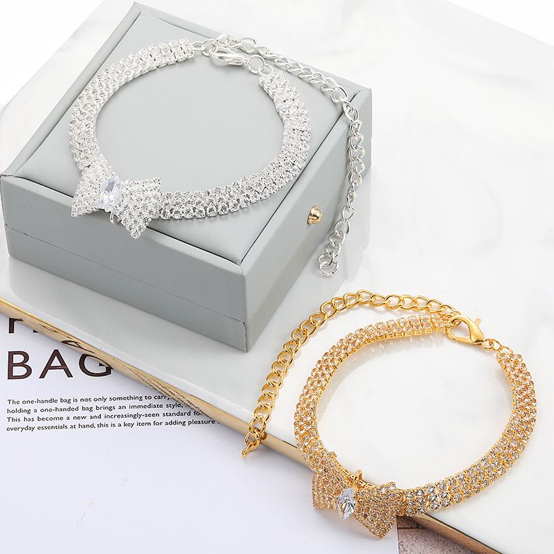 Collana con fiocco e diamanti sciolti per animali domestici, accessori in zircone, accessori per cani e gatti, collare regolabile, taglia unica_voghion.com