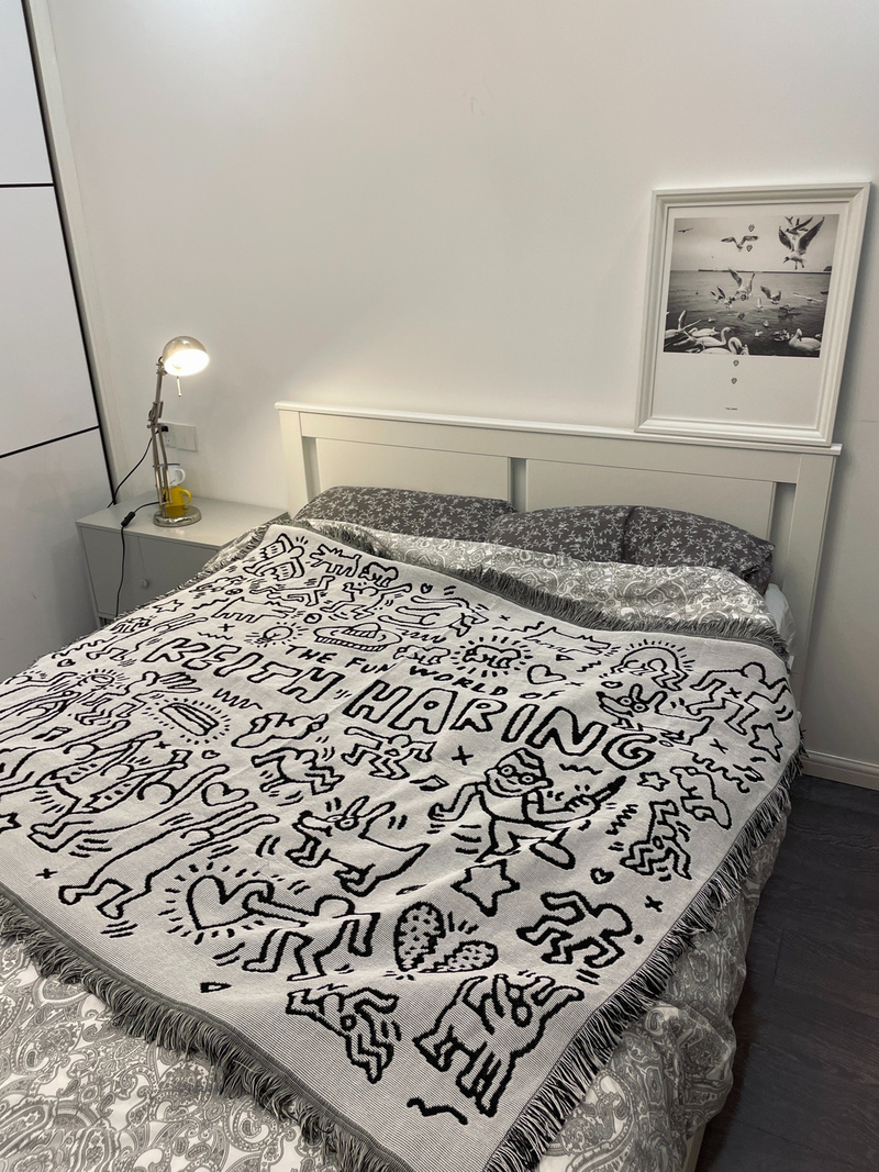 Homeware Keith Haring, Schwarz-Weiß-Graffiti-Meister Keith Haring Sofadecken-Dekoration_voghion.com