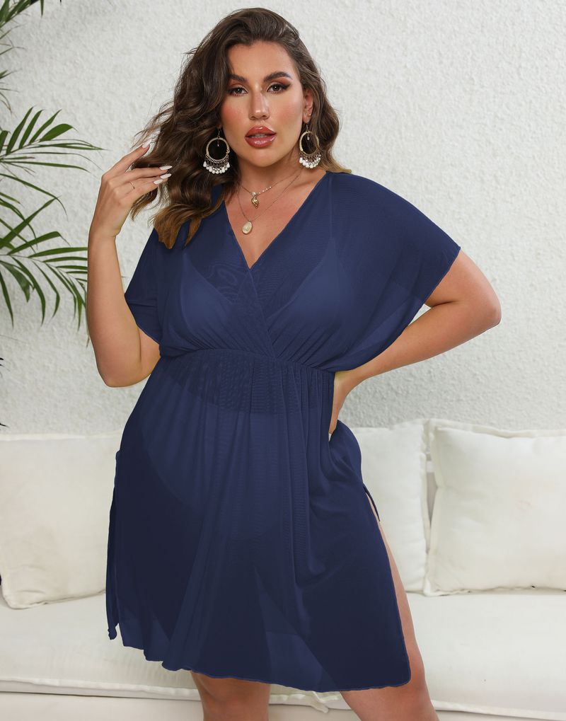 Oversize Women's Sexy Perspective Mesh Skirt Deep V Split Waist Beach Dress_voghion.com
