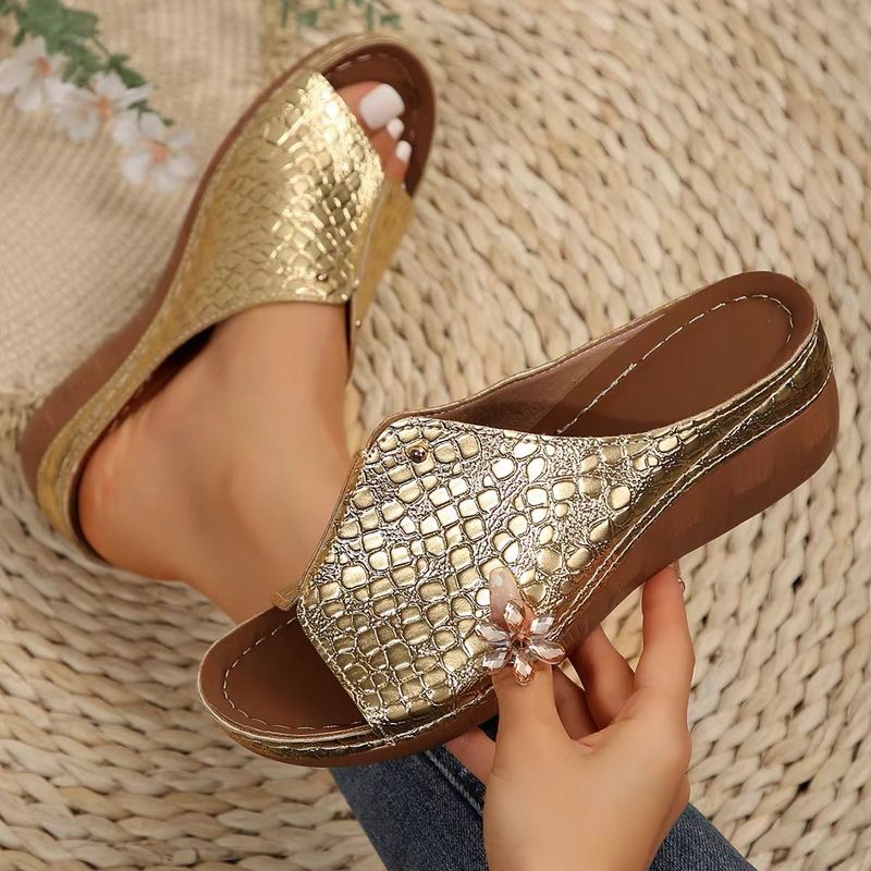 Plus Size One-Strap Thick-Soled Peep-Toe Sandals For Women With Stone Pattern Wedge Heel Beach Slippers_voghion.com
