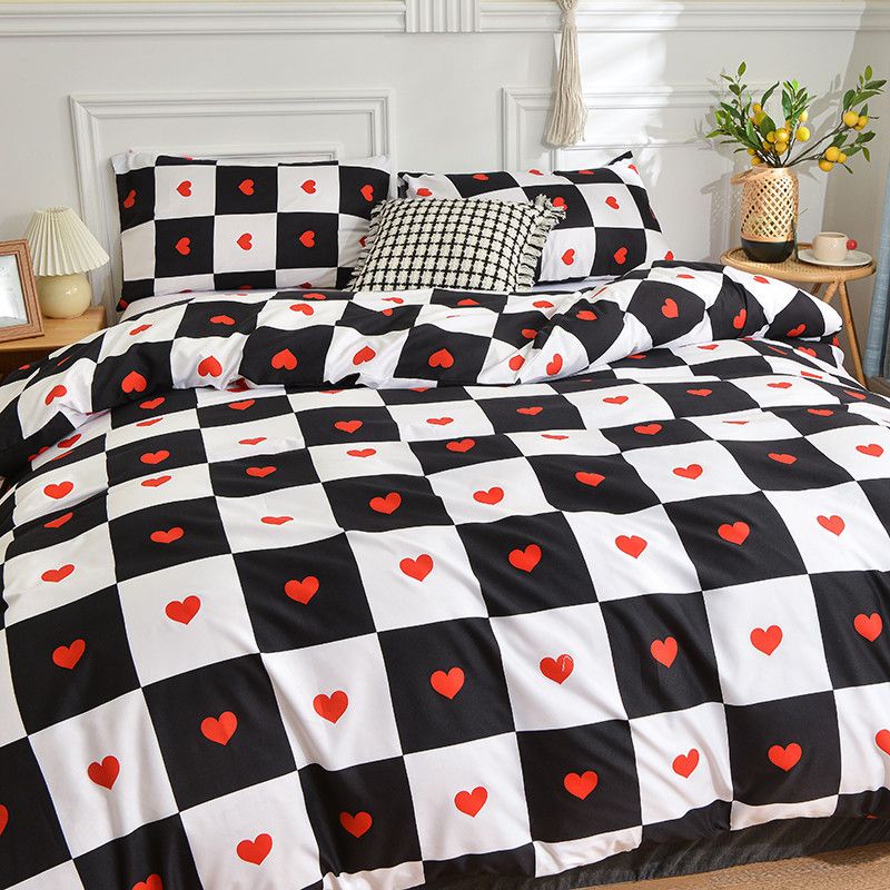 Soft Fiber Simple Black And White Checkerboard Bedding Set Love Double Sided Printing Duvet Cover Quilt Cover 3PC Bedding Set_voghion.com