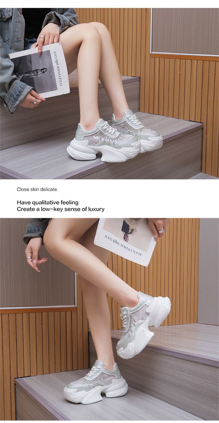 Glitter Platform Sneakers For Women - Chunky Dad Shoes With Rhinestone Accents, Breathable Mesh & Comfortable Cushioning, Fashion Casual Sports Shoes_voghion.com
