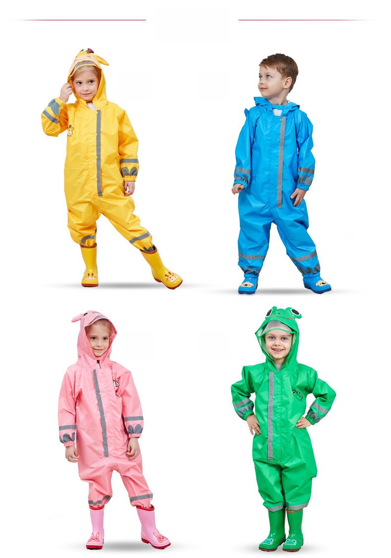 Cross-border three-dimensional boys and children's conjoined raincoat girls light hooded children's poncho reflective strip factory direct sales_voghion.com