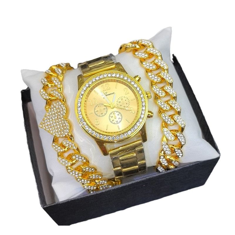 Orologio da polso 3 pezzi con quadrante e bracciale, nuovo set di orologi per donne, orologi con catena cubana_voghion.com