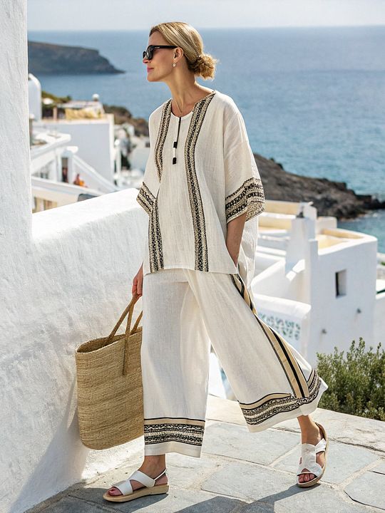 Completo due pezzi in cotone e lino con camicia a maniche corte e pantaloni, modello Island Vacation, modello ampio con scollo rotondo e pantaloni a vita alta_voghion.com