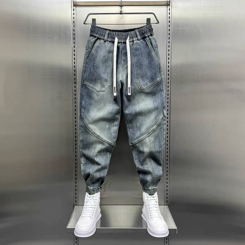 Nostalgiske blå elastiske buksekant biker herrejeans bomullspolstrede hoftebukser til herre_voghion.com
