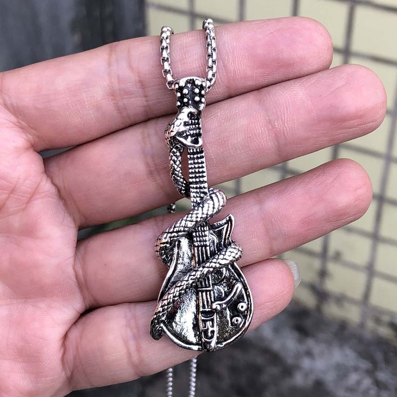 2025 Titanium Steel Precision Casting European And American Punk Hip-hop Style Men, Stainless Steel Snake Wrap Guitar Old Pendant Necklace_voghion.com