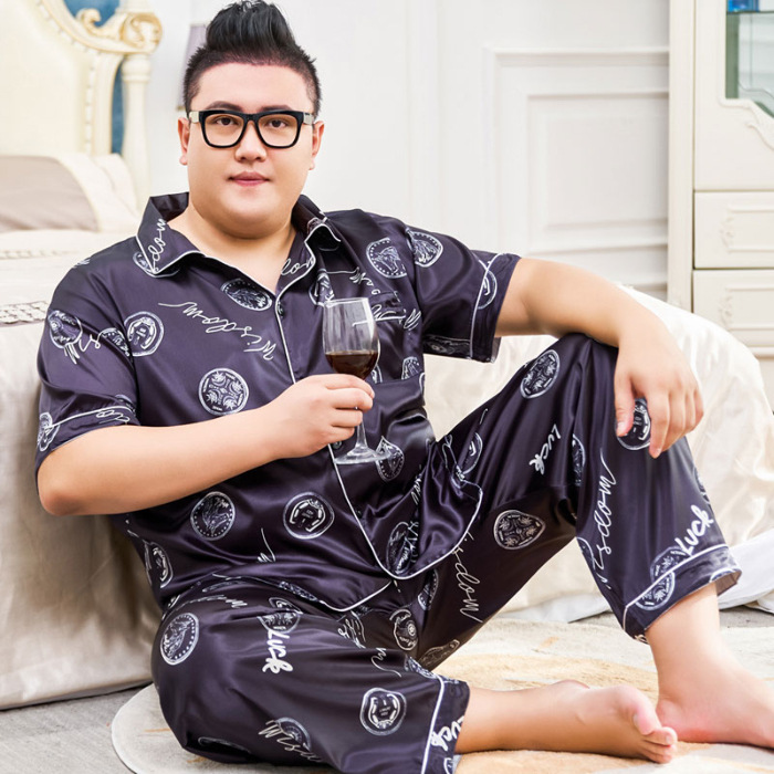 Fat guy plus fat extra large size 300 ice pajamas women's summer short sleeved pants 330 pounds silk home suit_voghion.com