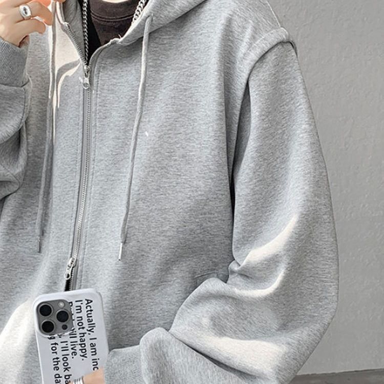 Schwerer Kapuzenpullover mit Reißverschluss für Herren – Doppelreißverschluss, Streetwear-Passform, Übergröße (Grau/Schwarz, S-5XL, Herbst-Casual)_voghion.com