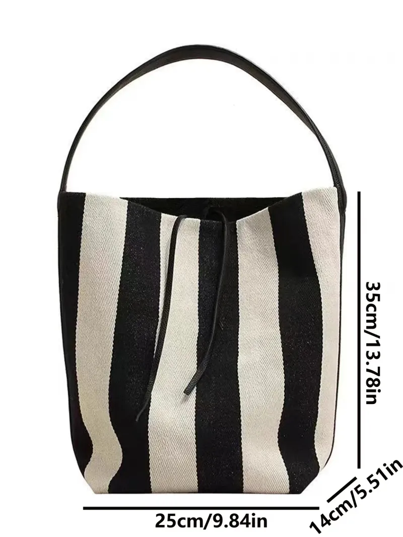 Borsa a secchiello in tela a righe di Niche per donna, grande capacità, stile pigro, borsa tote da viaggio, tracolla singola, tendenza 2024 250314l_voghion.com
