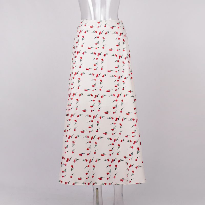 Gonna midi a sirena con stampa di ciliegie, elegante, a vita alta, floreale tinta unita, primavera 2025, abbigliamento resistente e comodo, sinonimi_voghion.com