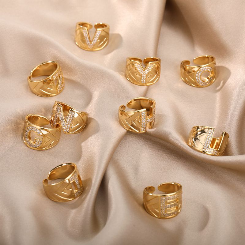 Anelli larghi e spessi con lettere dalla A alla Z per donna, zircone regolabile, colore oro, anello di apertura iniziale, alfabeto, festa femminile_voghion.com