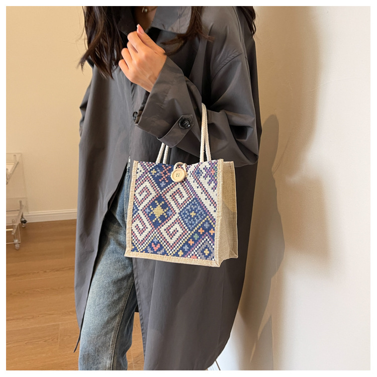 Ethnic Style Canvas Bag for Women, New Fashion for Going Out, Portable Linen Lunch Box, Bento Bag, Hand-held Mommy Bag_voghion.com