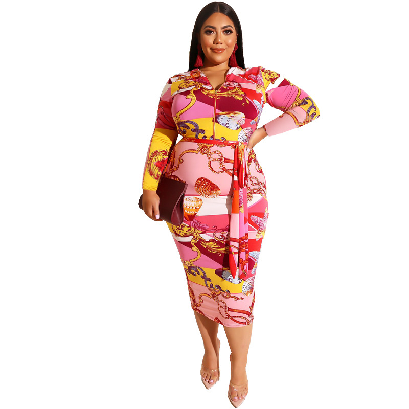 Bodycon Dress Fashion Commute Round Neck Printing Long Sleeve Monogram Knee-length Street_voghion.com