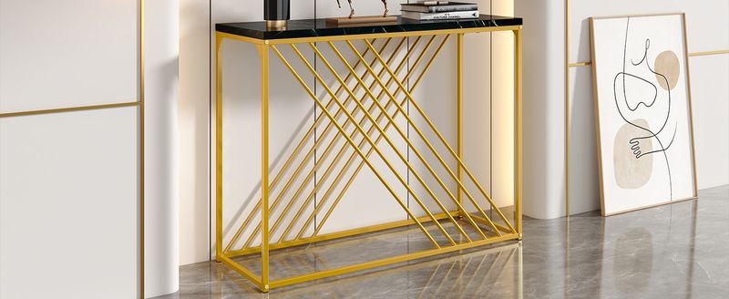 Console noire avec pieds dorés, 100 x 35 x 77 cm, table d'entrée en MDF brillant, table de couloir, buffet, table d'appoint, style vintage_voghion.com