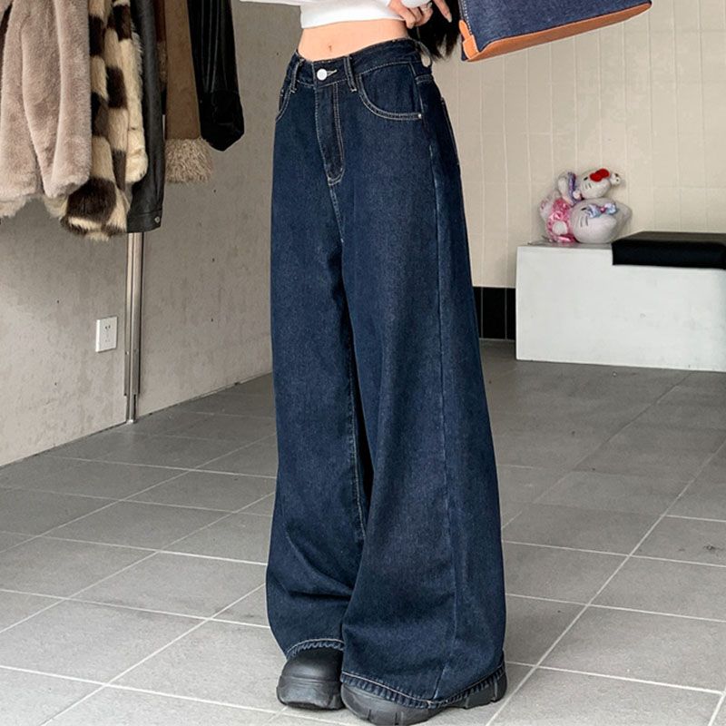Jeans Y2K da donna autunno 2025, versatili pantaloni in denim blu navy foderati in flanella, larghi, dritti, lunghi, caldi, 2595_voghion.com