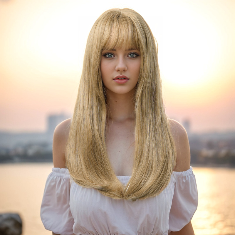 Synthetic Wig Ladies Princess Trimming Face Long Straight Air Bang Mechanized Chemical Fiber Hair Cover_voghion.com
