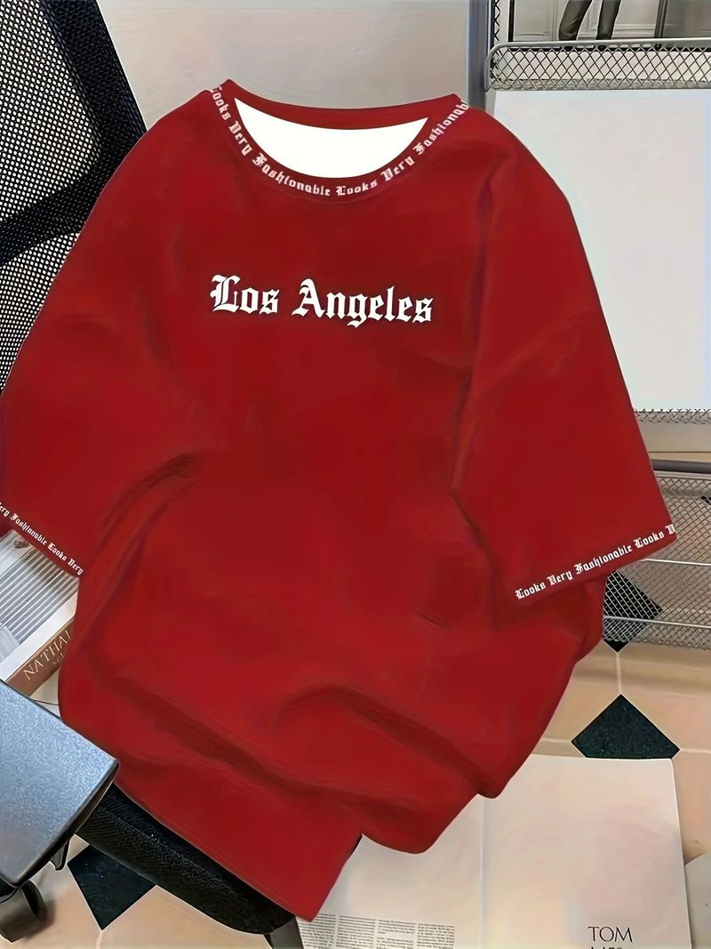 Meeste rõivamood Los Angelese kirjatrükiga ümarkaelus T-särk, pehme ja hingav, lühikeste varrukatega, suvine igapäevane ja tänavamood_voghion.com