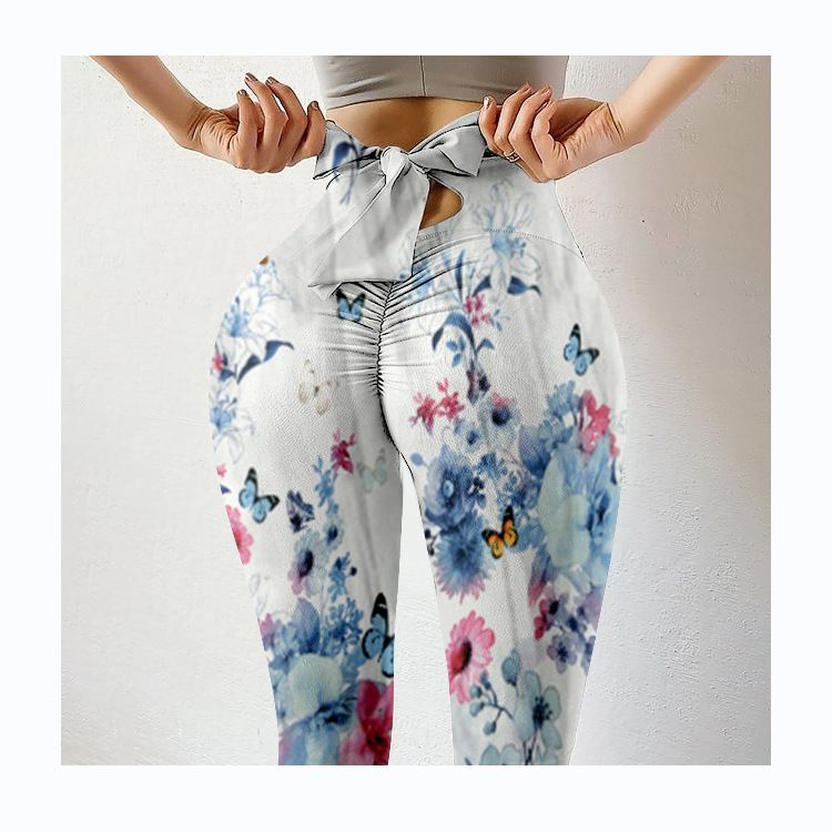 Pantaloni da yoga da yoga da donna con stampa multicolore antirughe sull'anca, dimagranti a vita alta, con fiocco elasticizzato_voghion.com