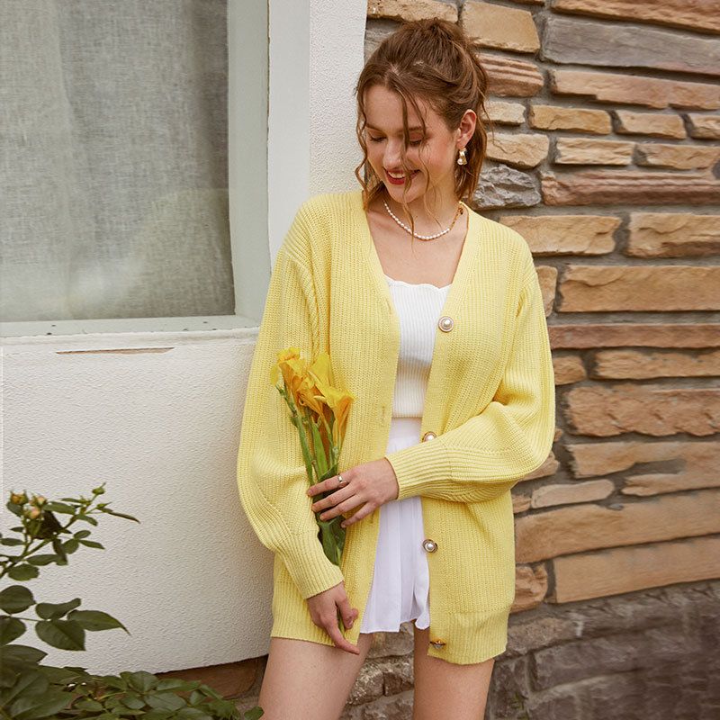 2024 nouvelle veste pull femme couleur unie décontractée cardigan boutonné en tricot ample_voghion.com
