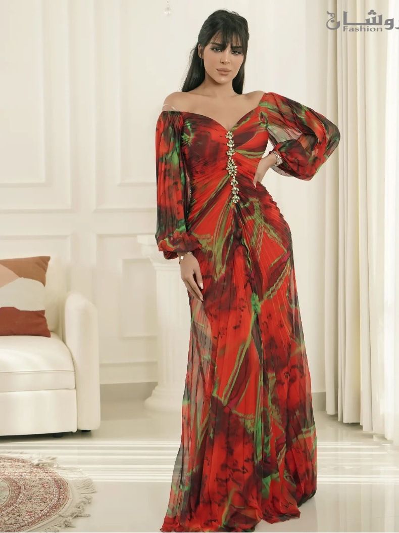 Damenbekleidung Party bedrucktes plissiertes Langarmkleid INS lockeres lässiges Damenkleid_voghion.com