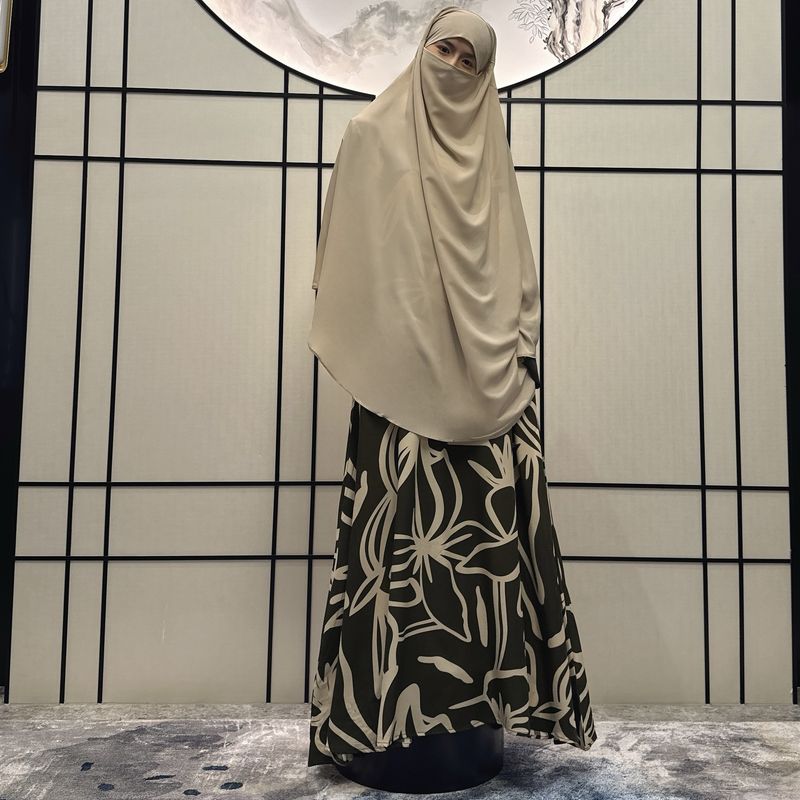 Women's Clothing Ladies Long Sleeved Robe Abaya Non Positioning Color Dress Print With Headscarf Two Piece Set_voghion.com
